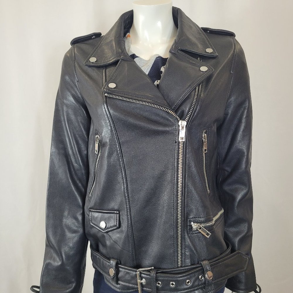 Women’s Genuine Leather Motorcycle Jacket – Black Color